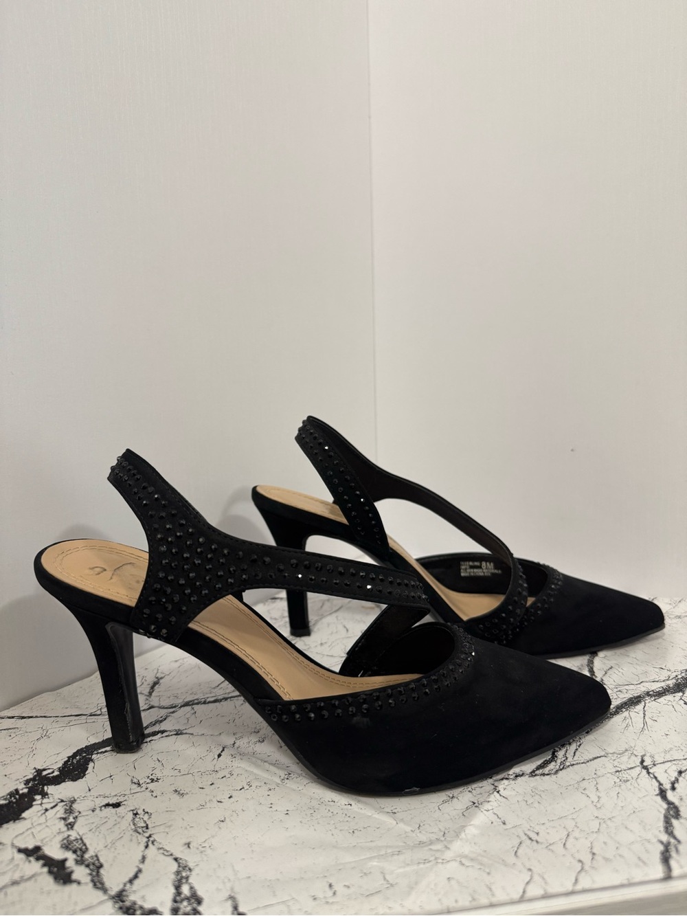 Impo Black Studded Pointed Toe Slingback Kitten Heels 8